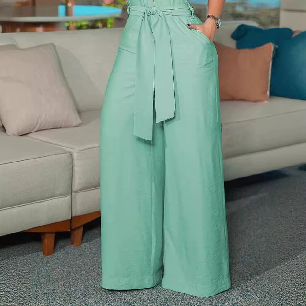 Mouwloze damesjumpsuit in mintgroen met ceintuur - Valeria
