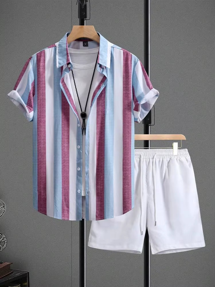 Heren zomerset gestreept shirt, casual witte short - Elio