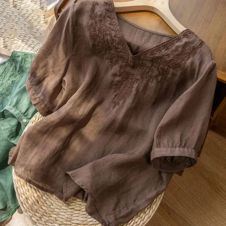 Geborduurde linnen blouse met V-hals bruin - Natalia