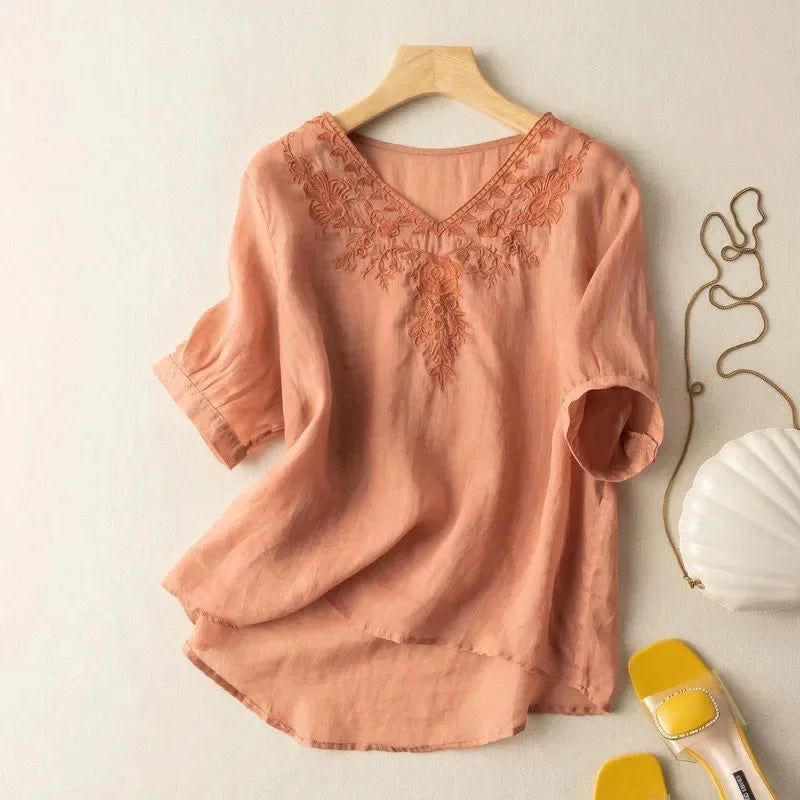 Geborduurde linnen blouse met V-hals bruin - Natalia