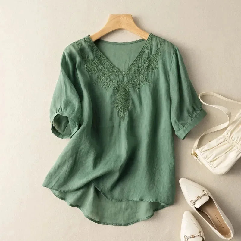 Geborduurde linnen blouse met V-hals bruin - Natalia