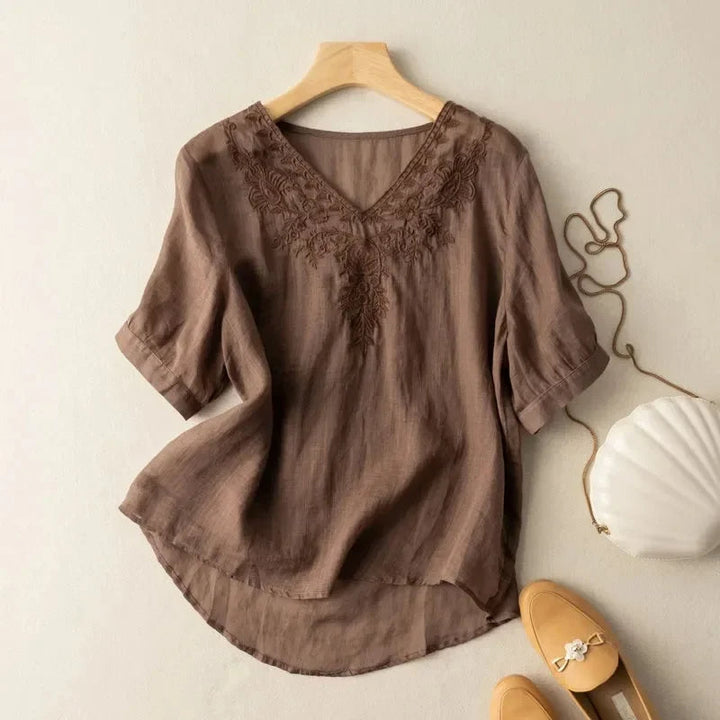 Geborduurde linnen blouse met V-hals bruin - Natalia