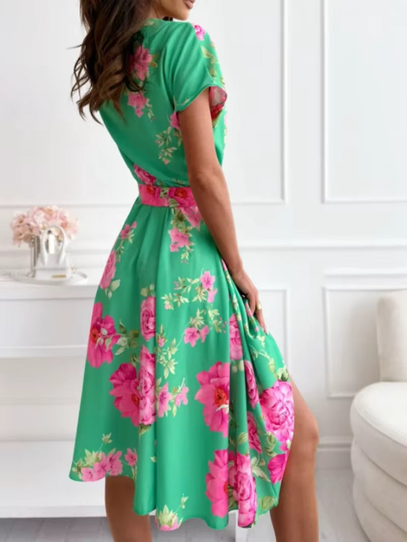 Bloemenprint jurk met korte mouw en groene riem - Mirella