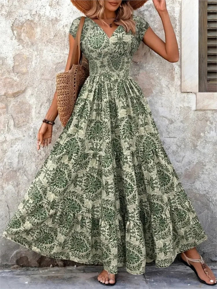 Vrouw lange jurk bohemian print V-hals groen - Natalia