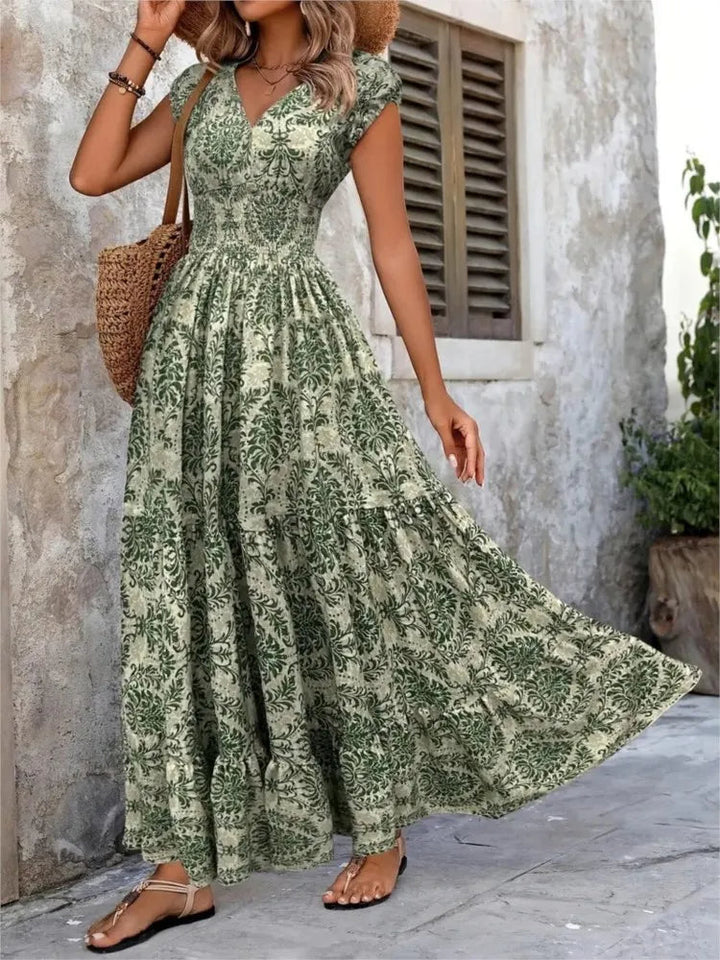 Vrouw lange jurk bohemian print V-hals groen - Natalia