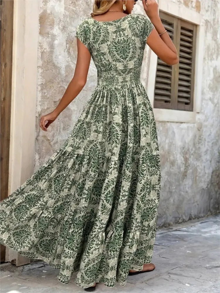 Vrouw lange jurk bohemian print V-hals groen - Natalia