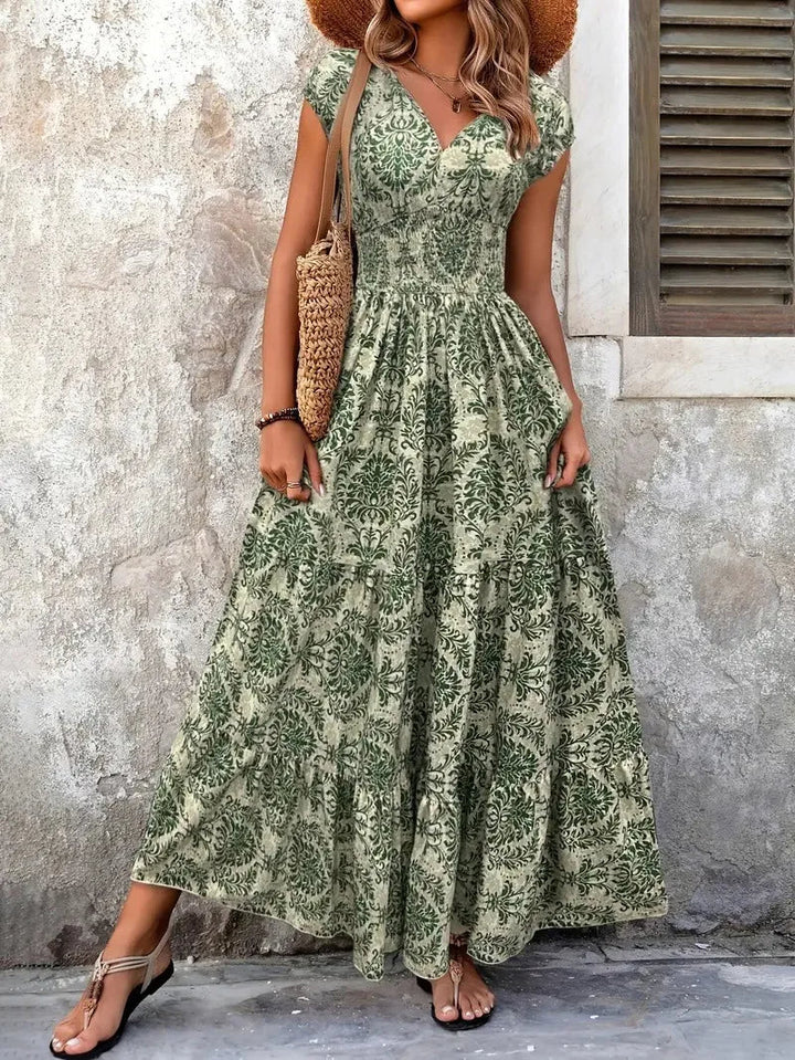 Vrouw lange jurk bohemian print V-hals groen - Natalia