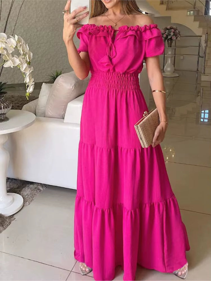 Off shoulder lange jurk met fuchsia ruches - Malena