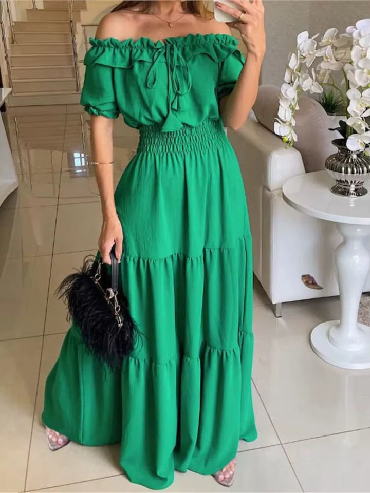 Off shoulder lange jurk met fuchsia ruches - Malena
