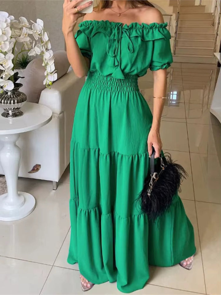Off shoulder lange jurk met fuchsia ruches - Malena