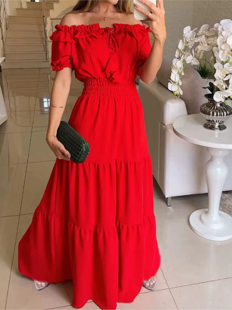 Off shoulder lange jurk met fuchsia ruches - Malena