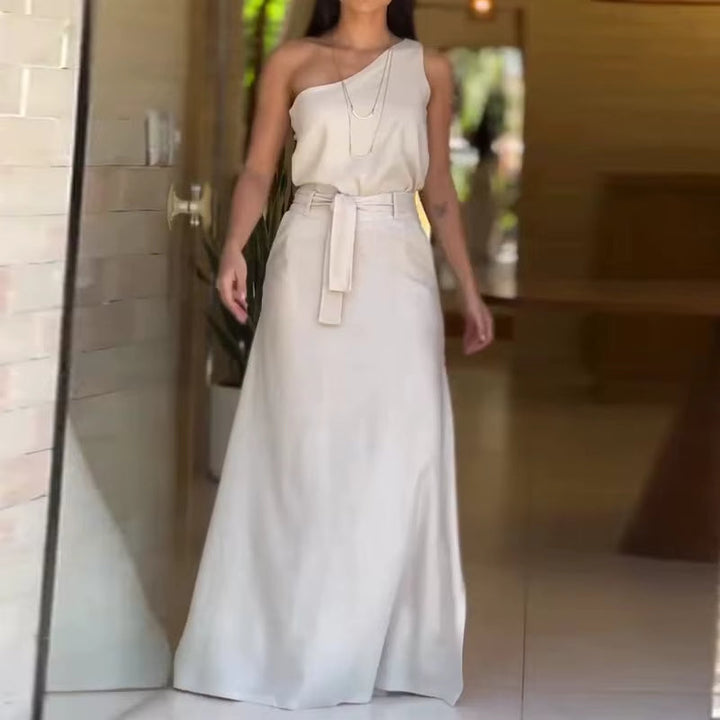 Dames tweedelige set met één schouder en beige lange rok - Celina