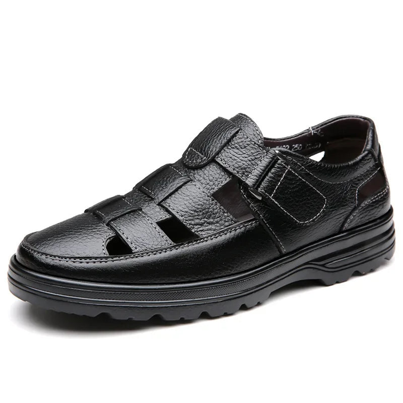 Herenschoenen met open teen in klassiek zwart ademend leer - Velmar