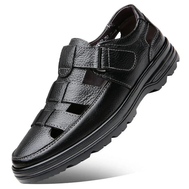 Herenschoenen met open teen in klassiek zwart ademend leer - Velmar