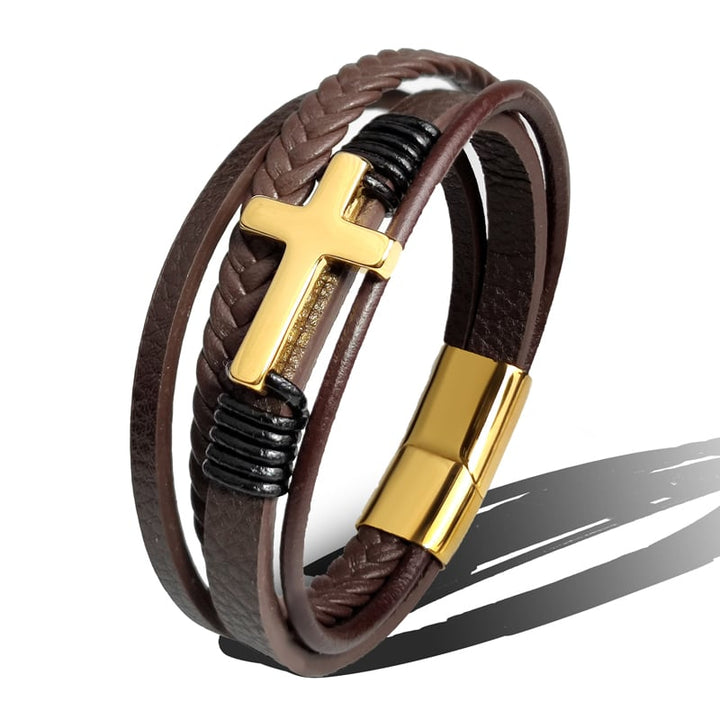 Herenarmband gevlochten leer met roestvrijstalen kruis - Sentinel
