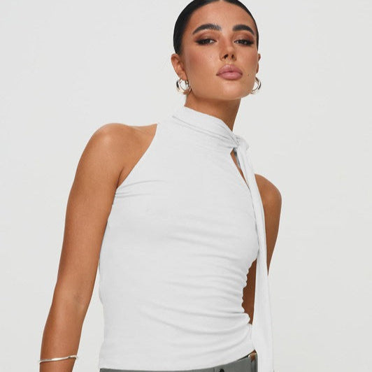 Damesmouwloze halternektop met asymmetrische strik - Natalia
