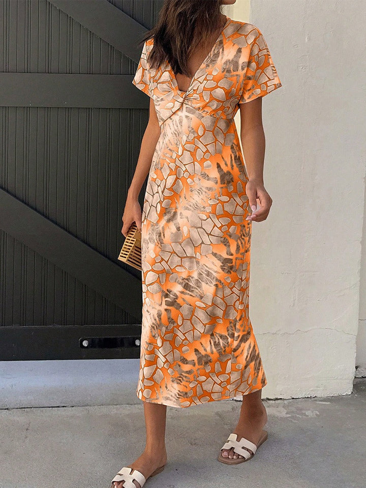 Dames midi-jurk abstracte print V-hals - Renata