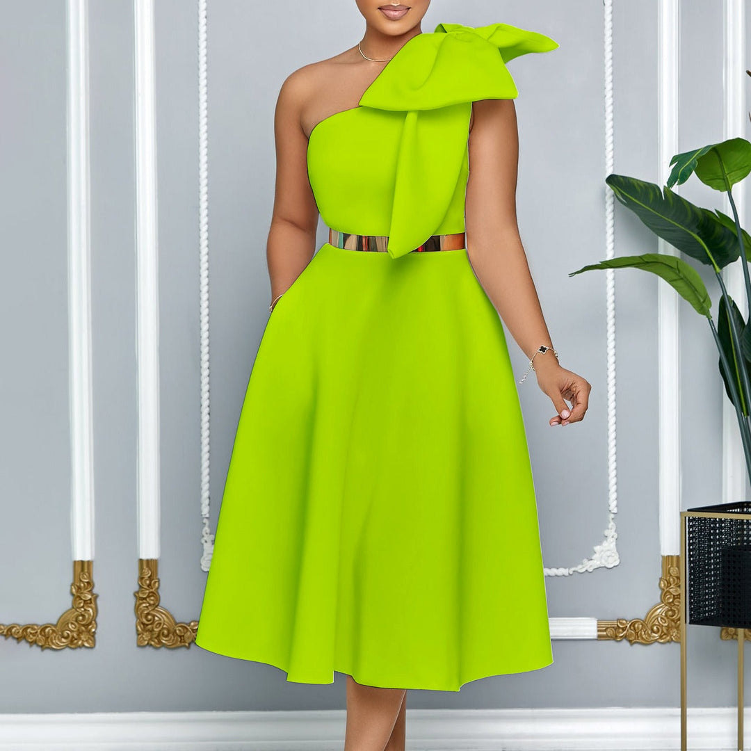 Dames midi-jurk met elegante strik over één schouder - Mireya