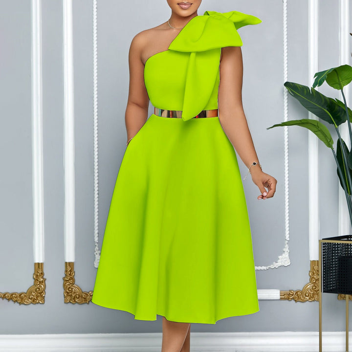 Dames midi-jurk met elegante strik over één schouder - Mireya
