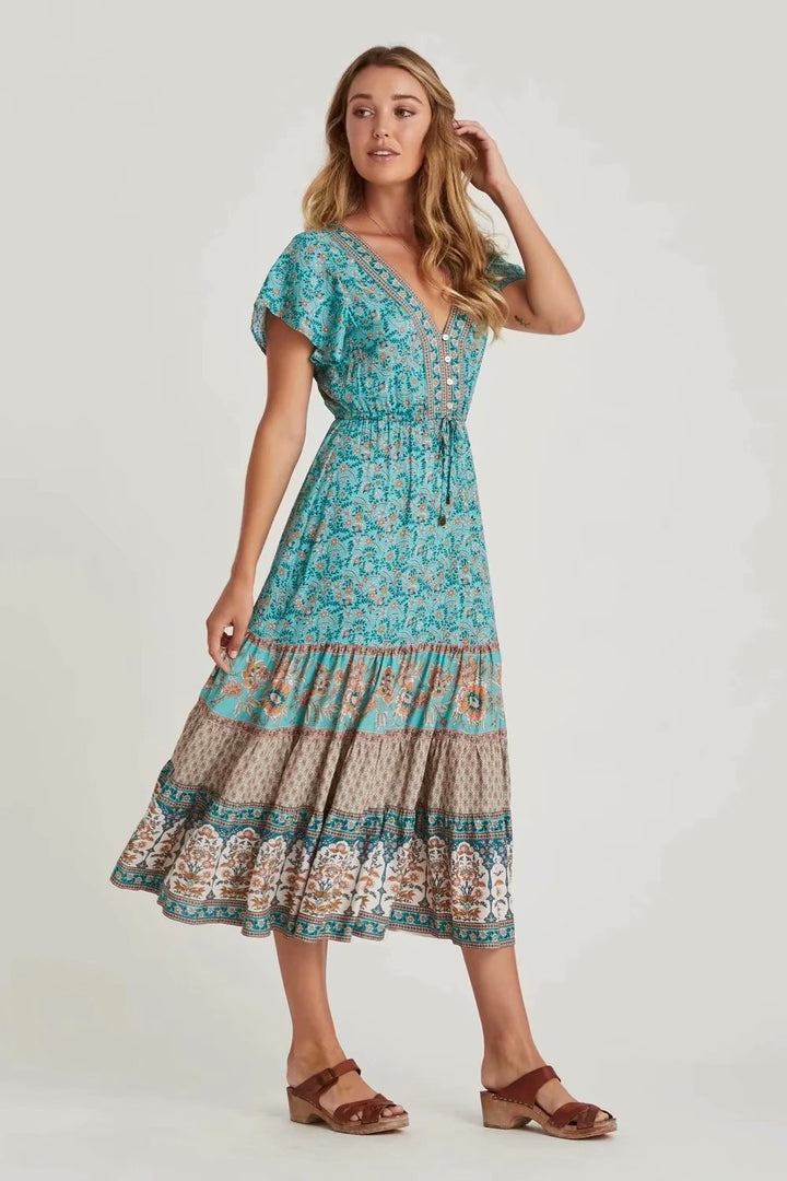 Ayla midi-jurk met V-hals en print