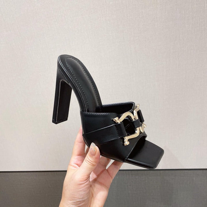 Vrouwen sandalen met hoge hak elegant zwart dubbele metalen gesp - Kalisa