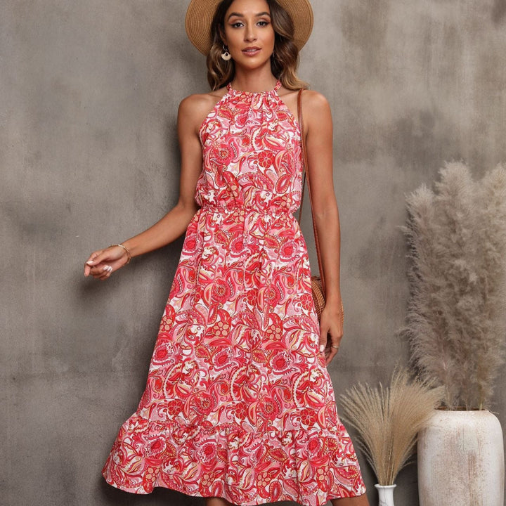 Dames midi-jurk met bloemenprint en mouwloze halterstijl - Mariela