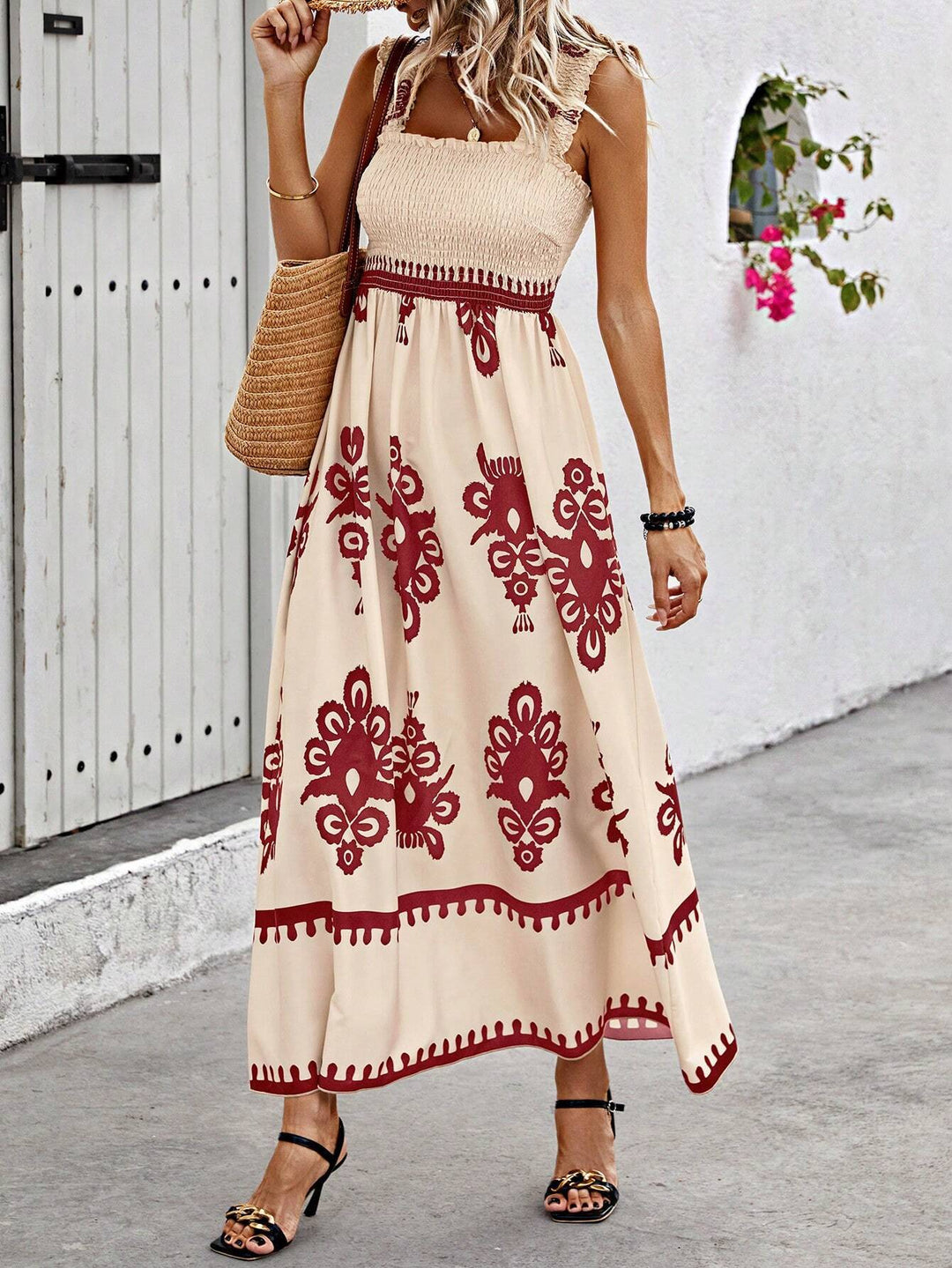 Lange damesjurk met bohemianprint, beige en zwarte strandbandjes - Zahara