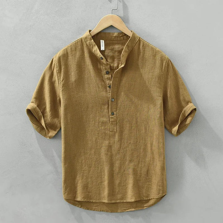 Heren casual overhemd bruin linnen mao kraag - Dario