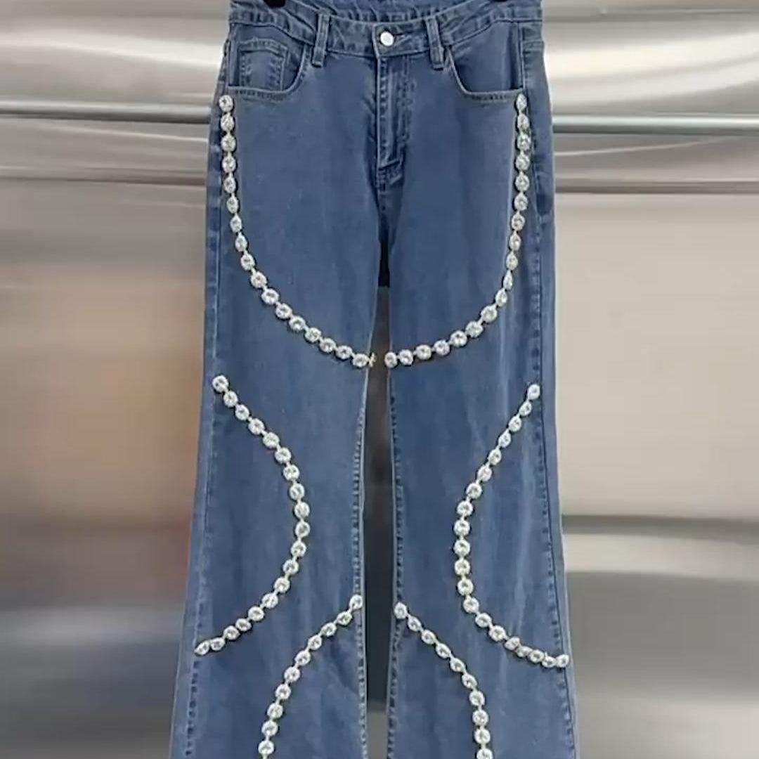 Damesjeans met decoratieve strassteentjes recht model - Eloísa