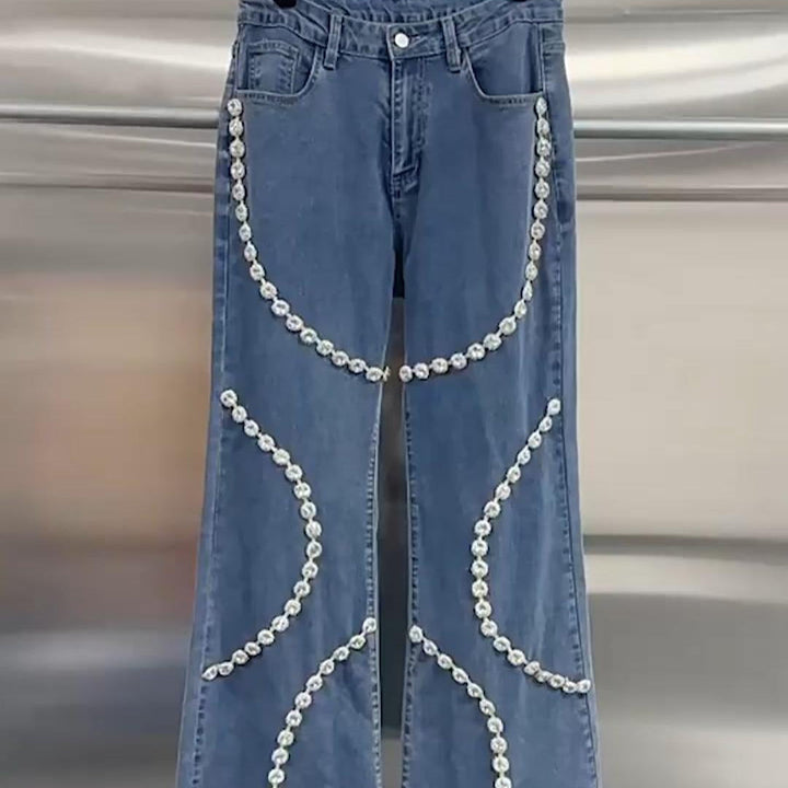 Damesjeans met decoratieve strassteentjes recht model - Eloísa