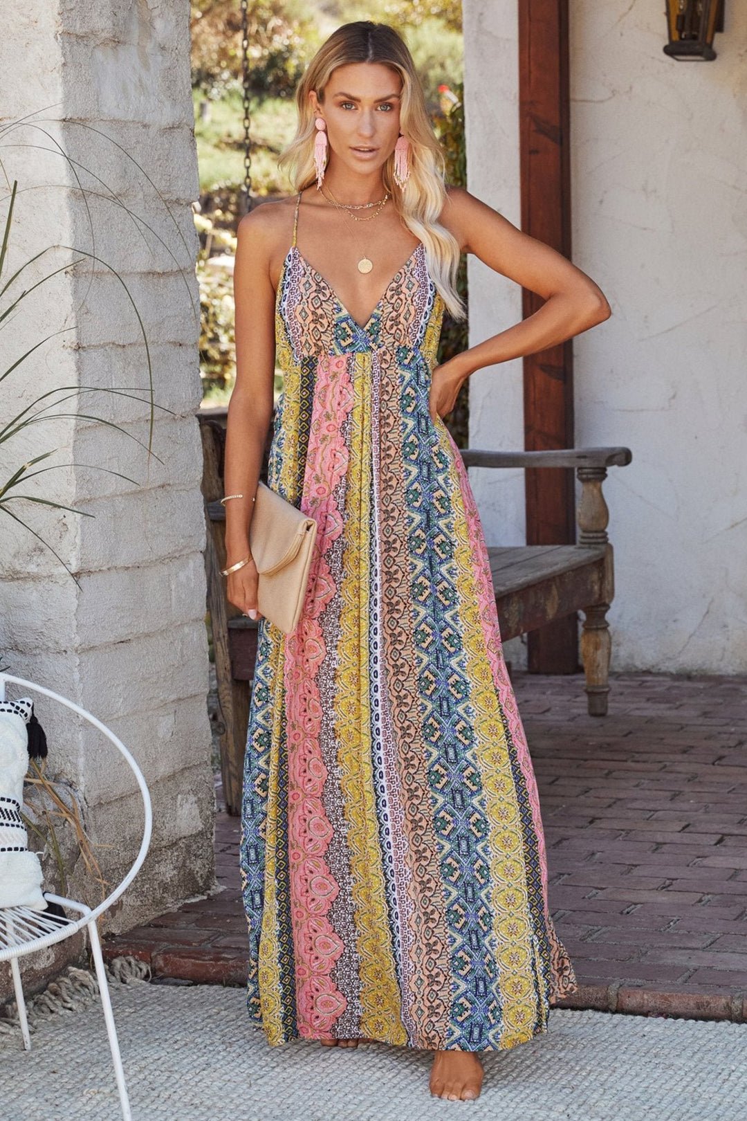 Lorena - Backless maxi zomerjurk met Freda print en strepen