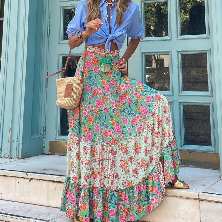 Lange rok met veelkleurige paisleyprint en bohemian snit - Clémence