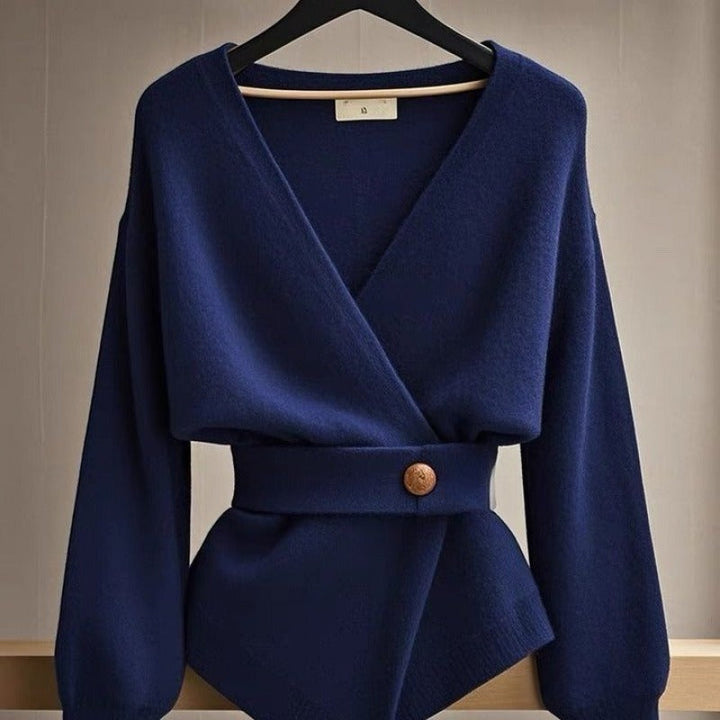 Geribde gebreide gekruiste damestrui met ceintuur in elegante stijl - Matildee
