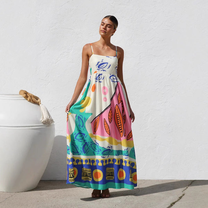 Lange vloeiende strapless jurk met print - Naïma