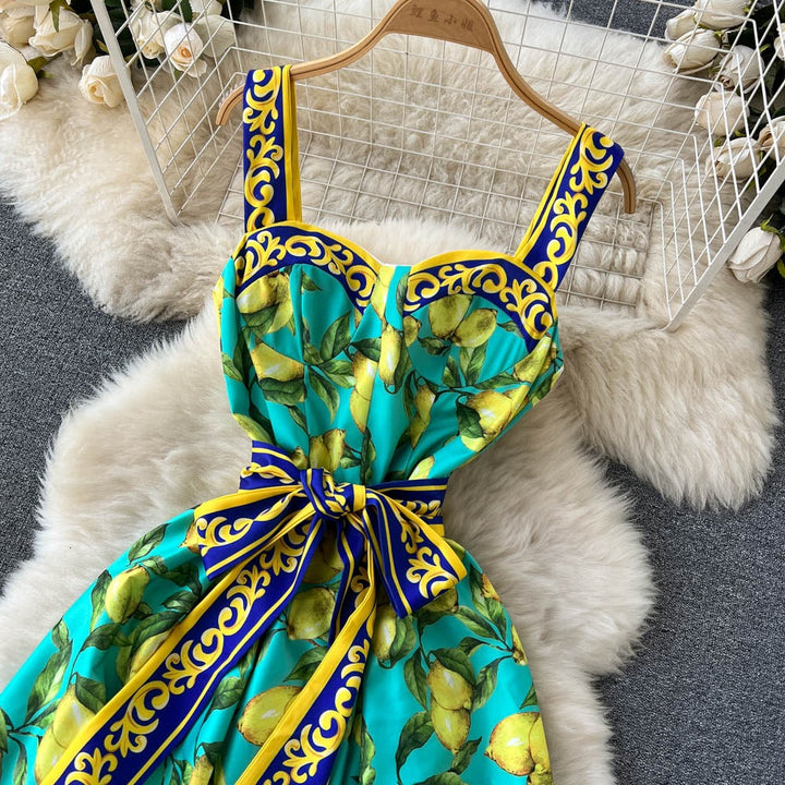 Lange vintage jurk met citroenprint en strik - Élodie