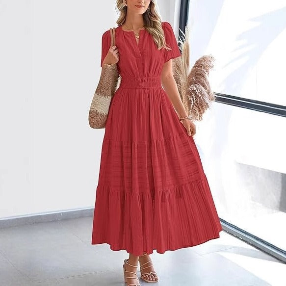 Damesjurk met plooi en korte mouwen in bohemian stijl - Lorena
