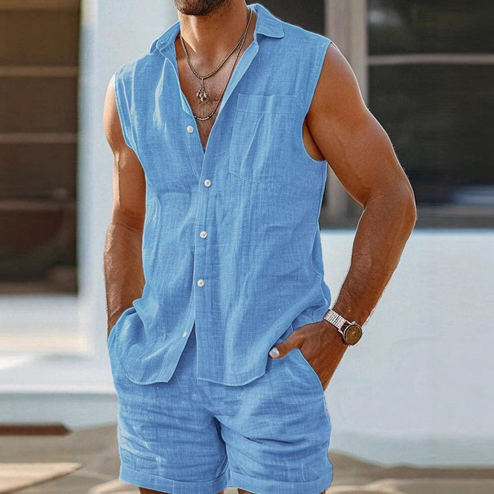 Heren mouwloos linnen zomerse casual set - Alfredo