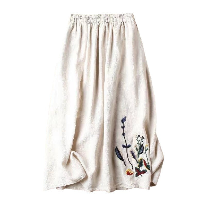 Dames midirok met elastiek in de taille en handgemaakt bloemenborduursel - Amandine
