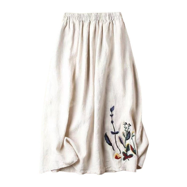 Dames midirok met elastiek in de taille en handgemaakt bloemenborduursel - Amandine
