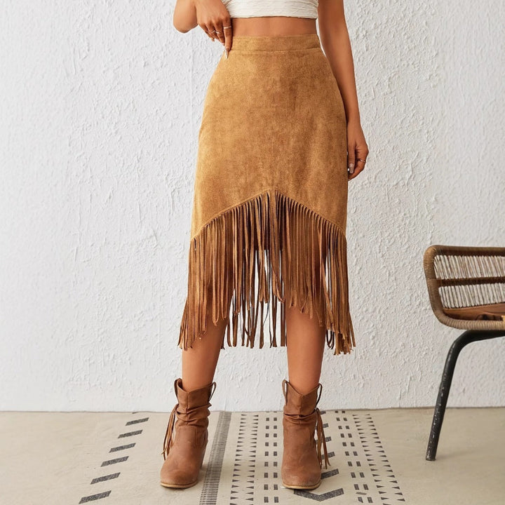 Dames midirok van suède met bohemienachtige franjes - Samira