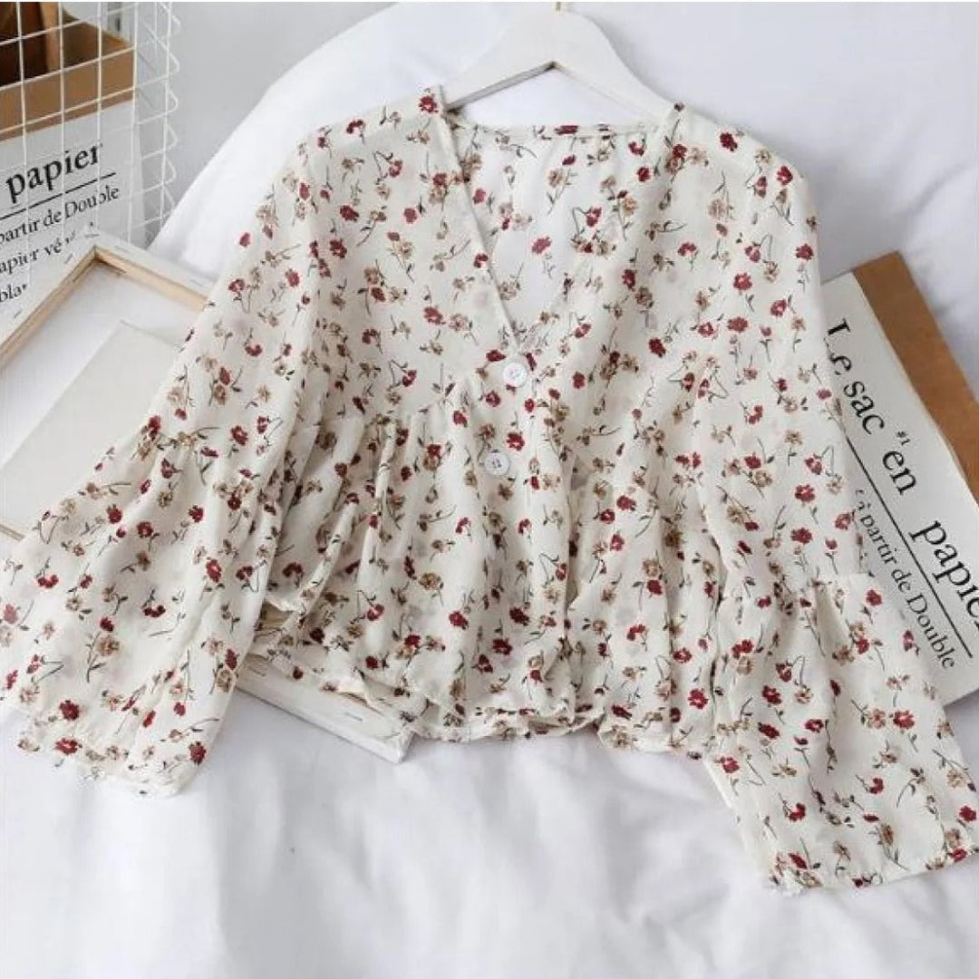 Gebloemde damesblouse van chiffon met ruches - Isadora
