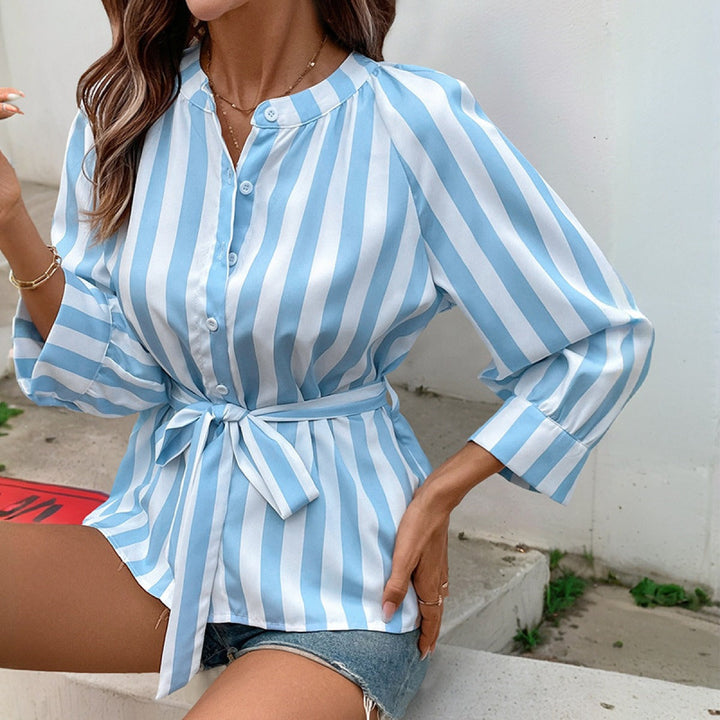 Damesblouse met lange mouwen, verticale strepen en ceintuur - Marieke