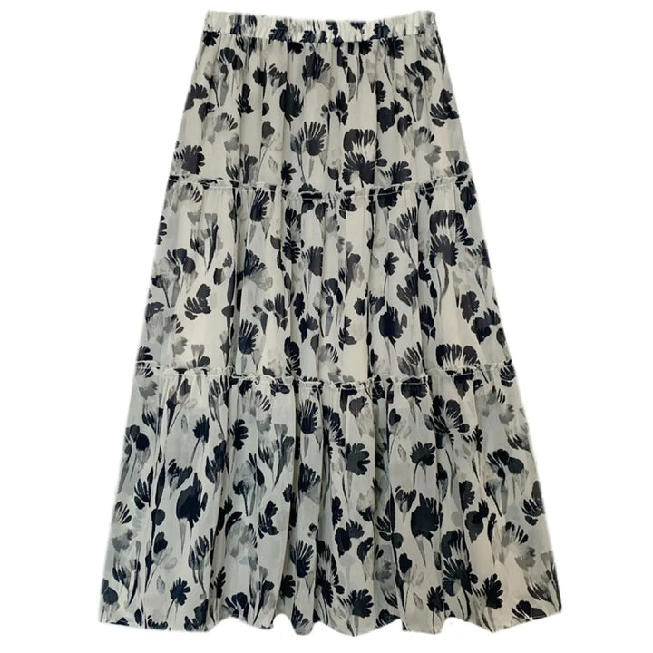 Lange damesrok met monochrome bloemenprint en vloeiende snit - Mireille