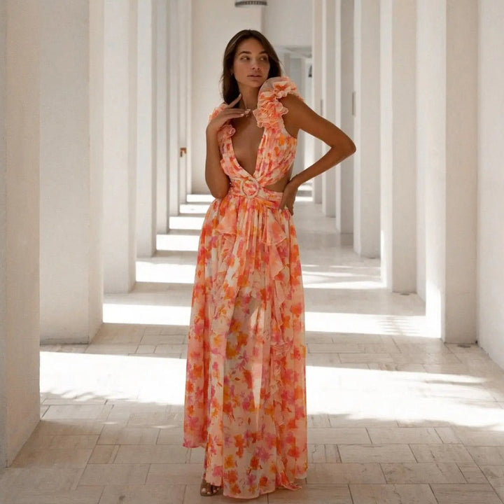 Asymmetrische damesjurk in gebloemd chiffon met diepe halsuitsnijding - Mélodie