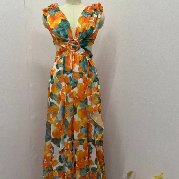 Asymmetrische damesjurk in gebloemd chiffon met diepe halsuitsnijding - Mélodie