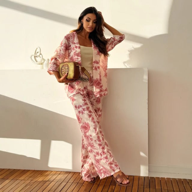 Damesset met rechte broek en shirt met bloemenprint - Fabienne