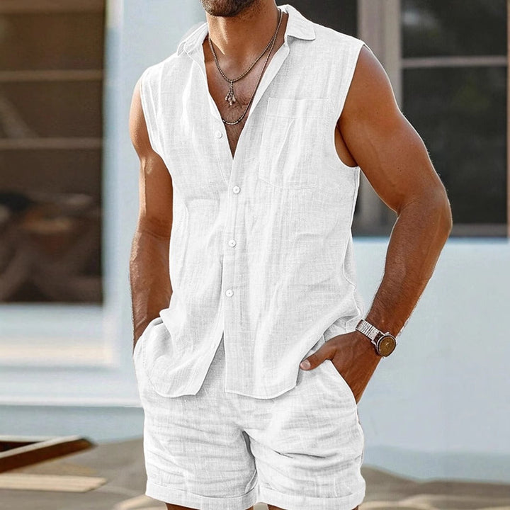 Heren mouwloos linnen zomerse casual set - Alfredo