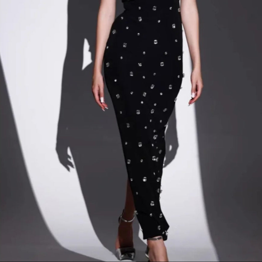 Lange damesjurk met strassteentjes asymmetrische halslijn elegante stijl - Vianey