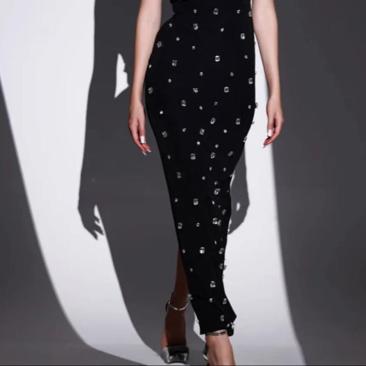 Lange damesjurk met strassteentjes asymmetrische halslijn elegante stijl - Vianey