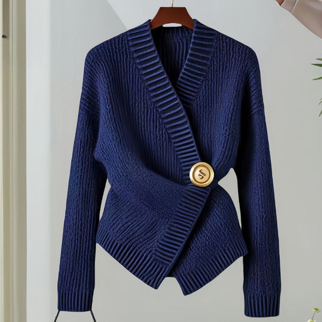 Gebreid damesvest met gouden knoopkruis, geraffineerde stijl - Ysaline